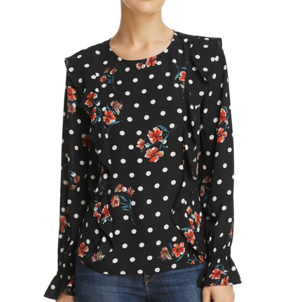 AQUA Ruffled Floral & Polka Dot Print Top
